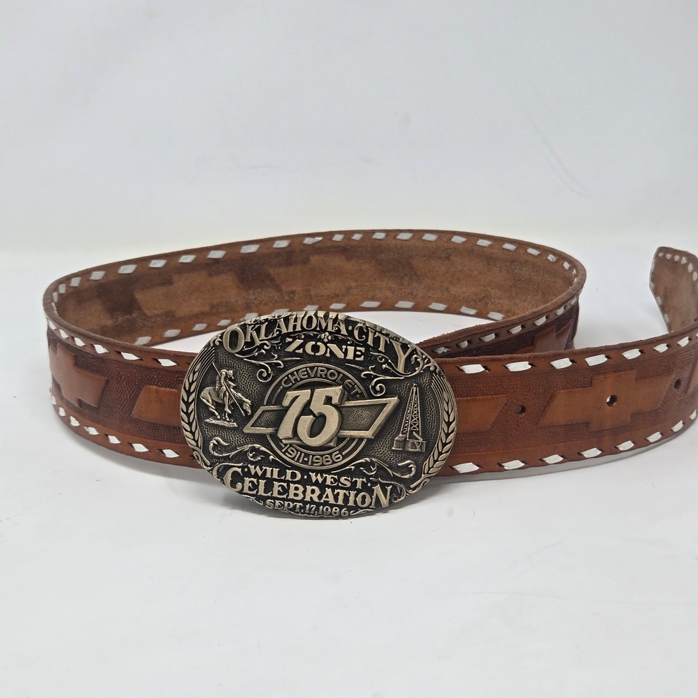 Vintage Chevrolet 75th Anniversary Belt Buckle Brown Tooled Leather Men 36 Chevy